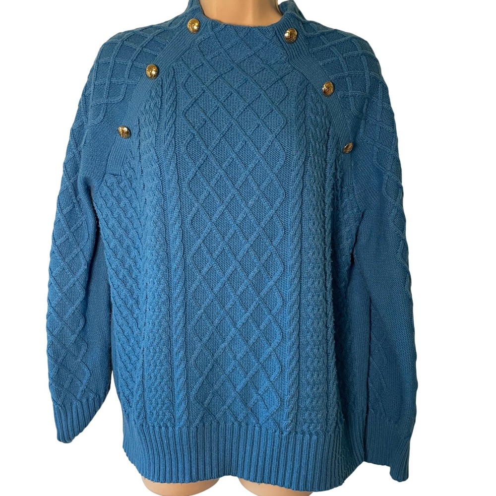 Talbots Mockneck Cable Knit Sweater Blue Women's Size M Gold Buttons Classic